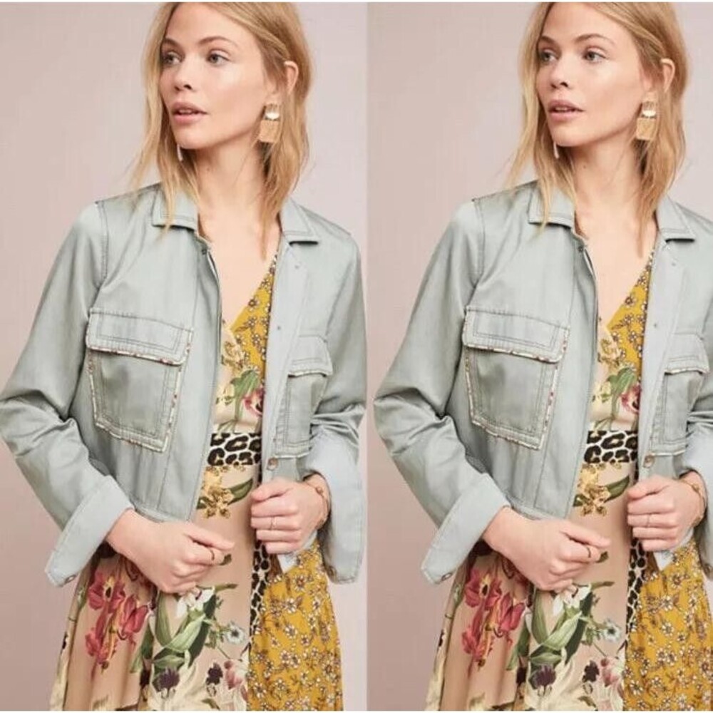 Anthropologie Piped Mint Linen Trucker Jacket Sz XS